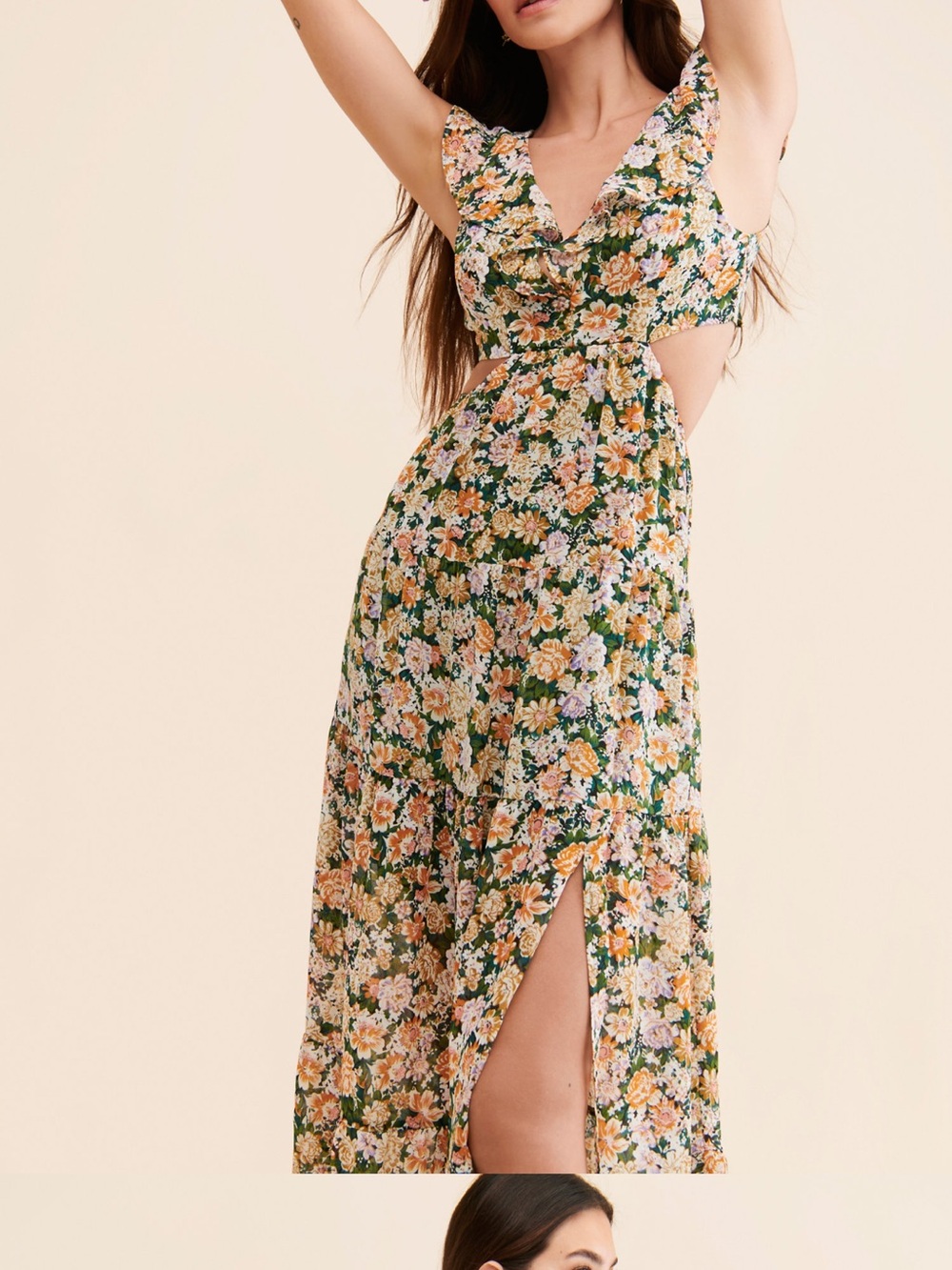 Astr Floral Lace-Up Back Maxi Dress - Green & Peach Floral